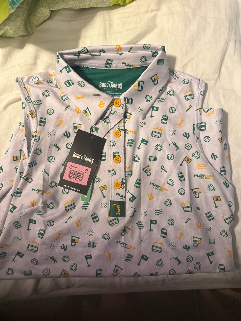 Women’s White Green & Yellow Printed Polo Shirts sleeveless